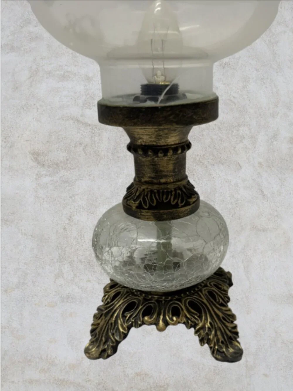 HURRICANE LAMP -- Etched Glass Shade, Crackle Glass Base, Electric, Vintage